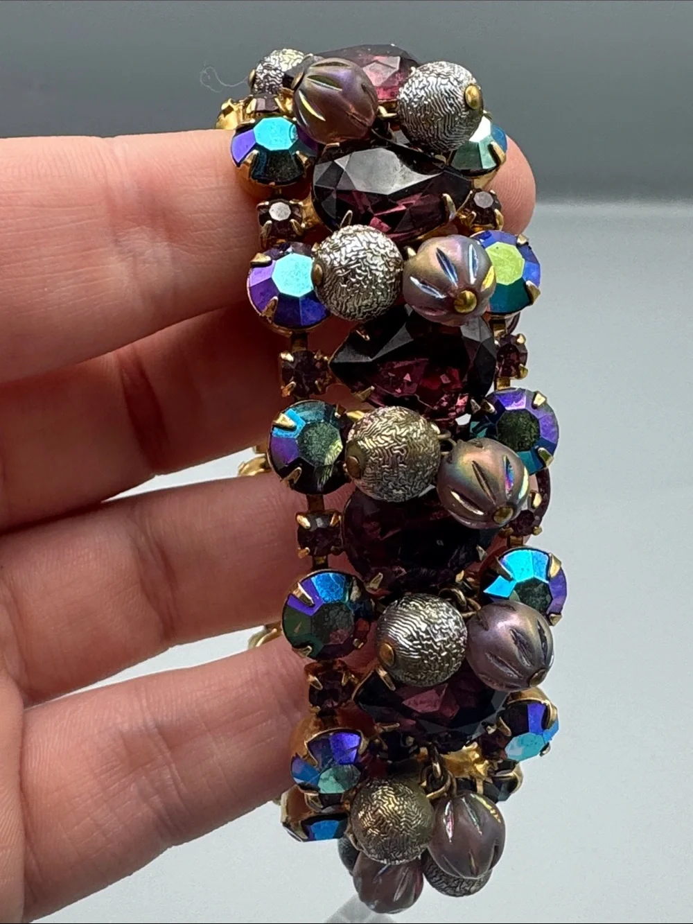 Vintage Purple Crystal Bar Brooch with Aurora Borealis Accents